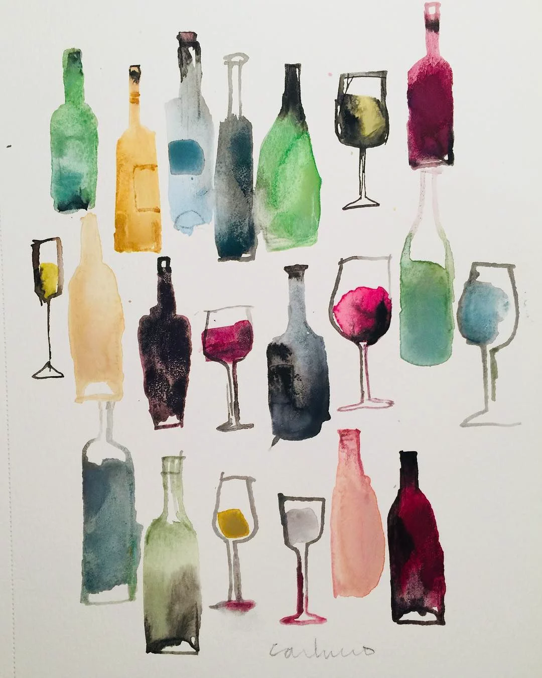 Aquarela de garrafas e taças em uma página de caderno